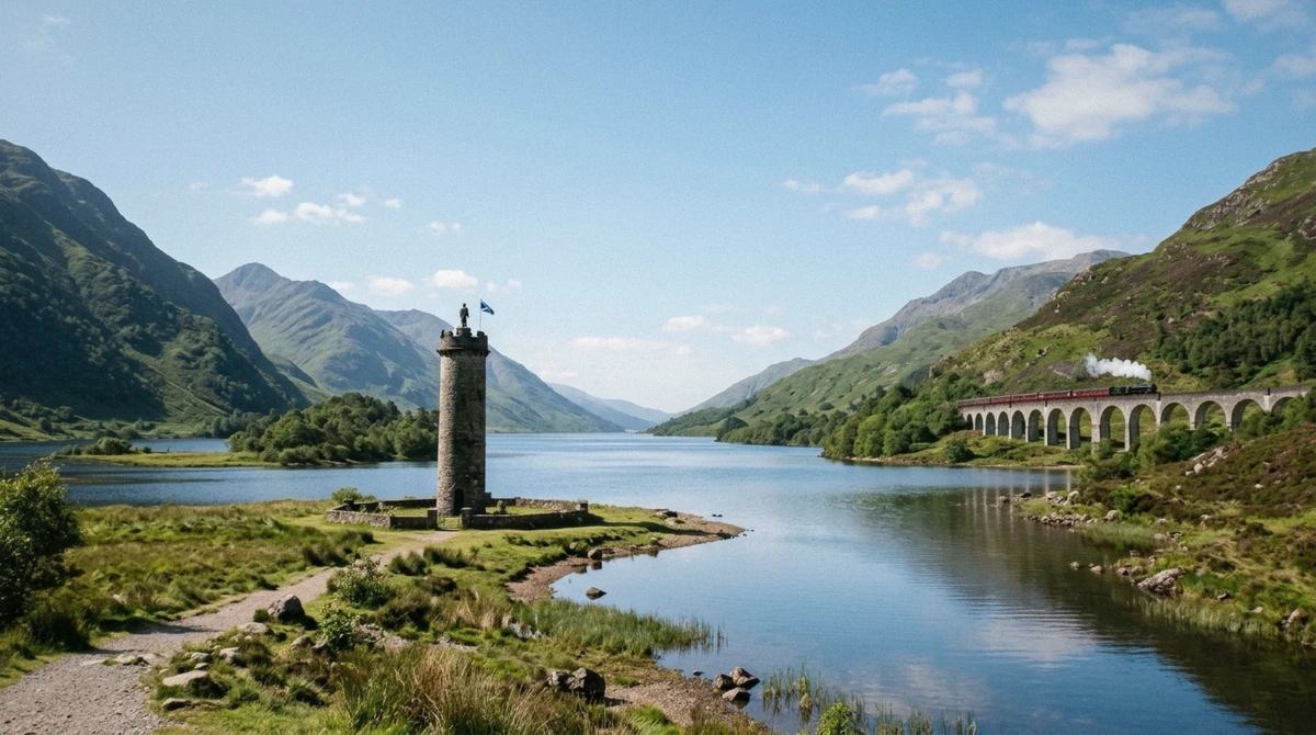 The Glenfinnan Monument on the shore of Loch Shiel near the viaduct, reachable independently without a tour